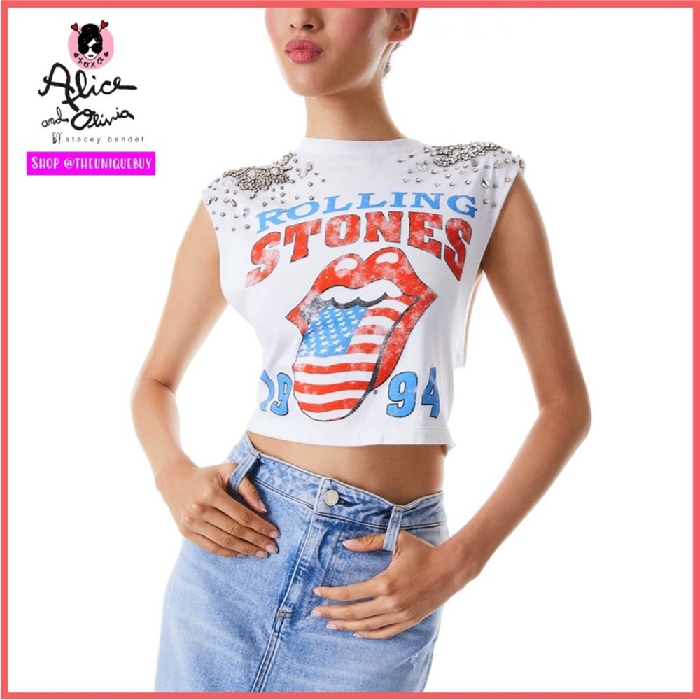 Alice + Olivia White Rolling Stones Crop Top